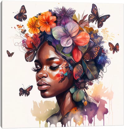 Watercolor Butterfly African Woman II Canvas Art Print - Chromatic Fusion Studio