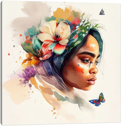 Watercolor Floral Arabian Woman III Canvas Art Print - Chromatic Fusion Studio