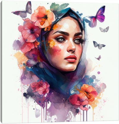 Watercolor Floral Arabian Woman V Canvas Art Print - Middle Eastern Décor