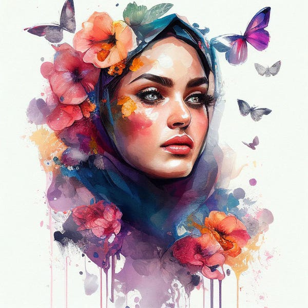 Middle Eastern Décor: Watercolor Floral Arabian Woman V by Chromatic Fusion Studio