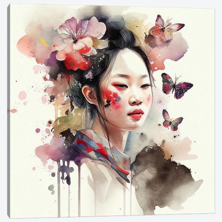 Watercolor Floral Asian Woman II Canvas Print #CFS88} by Chromatic Fusion Studio Canvas Wall Art