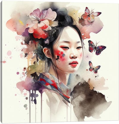 Watercolor Floral Asian Woman II Canvas Art Print - Chromatic Fusion Studio