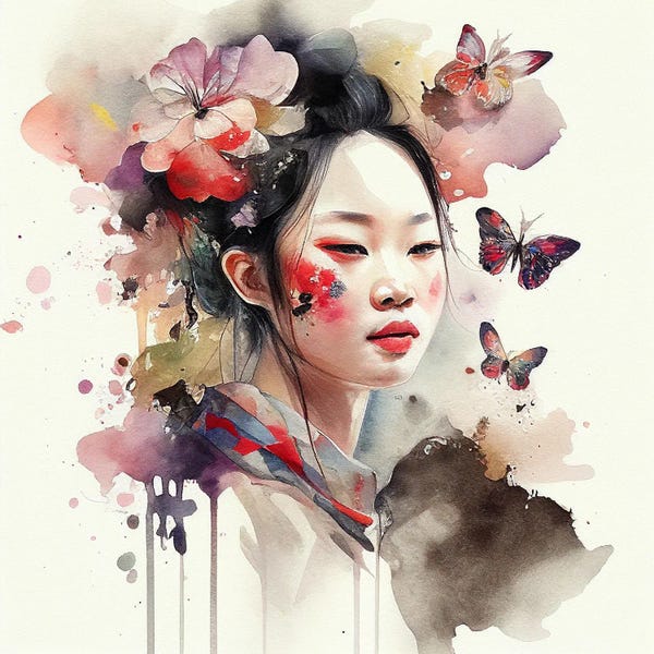 Butterflies and Flowers: Watercolor Floral Asian Woman II by Chromatic Fusion Studio
