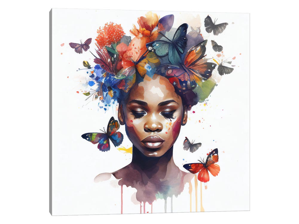 Black Woman Digital Art, Yellow Girl Clipart, Butterflies.