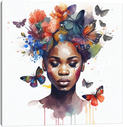 Watercolor Butterfly African Woman IV Canvas Art Print - Chromatic Fusion Studio