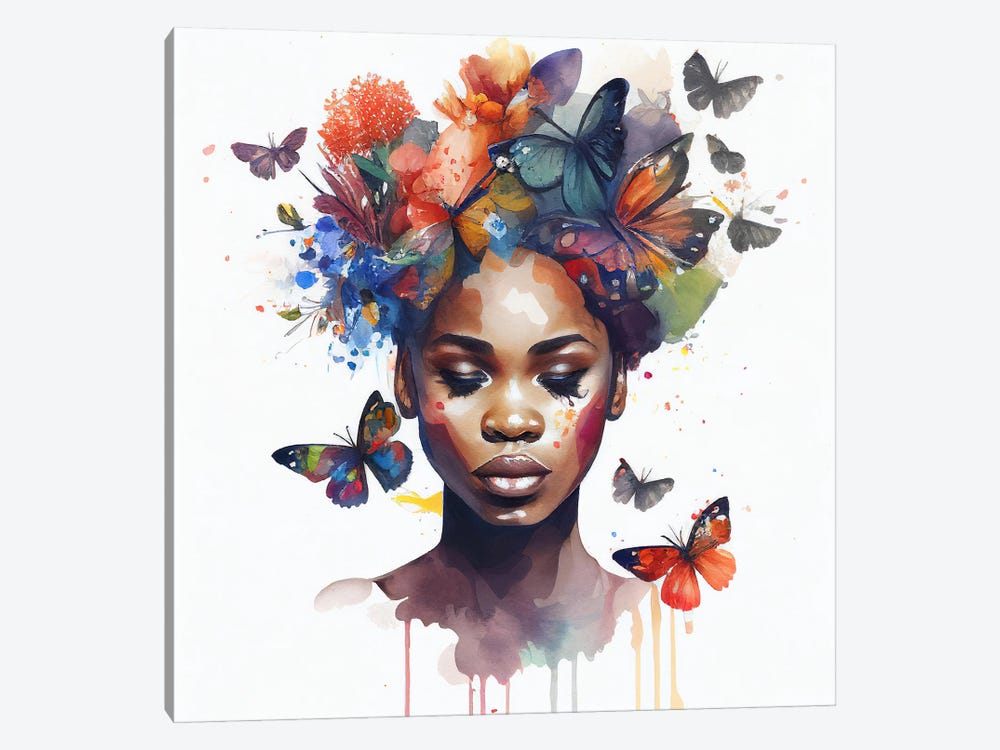 Watercolor Butterfly African Woman IV by Chromatic Fusion Studio 1-piece Canvas Wall Art