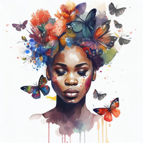 Butterflies and Flowers: Watercolor Butterfly African Woman IV by Chromatic Fusion Studio