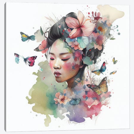 Watercolor Floral Asian Woman VI Canvas Print #CFS92} by Chromatic Fusion Studio Canvas Print