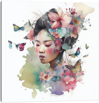 Watercolor Floral Asian Woman VI Canvas Art Print - Chromatic Fusion Studio