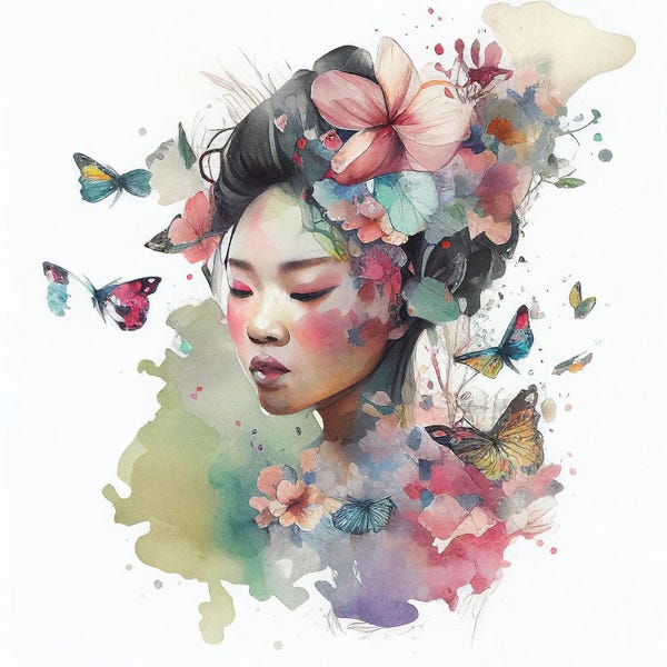 Butterflies and Flowers: Watercolor Floral Asian Woman VI by Chromatic Fusion Studio