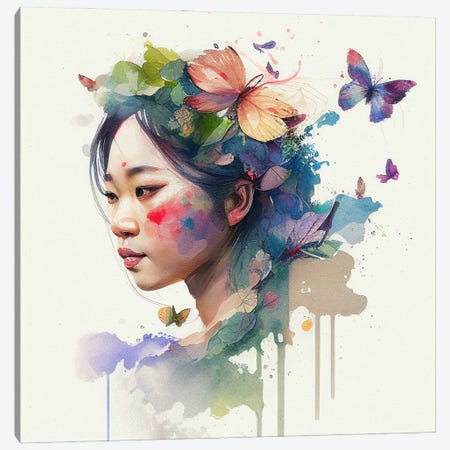 Watercolor Floral Asian Woman VII Canvas Print #CFS93} by Chromatic Fusion Studio Art Print