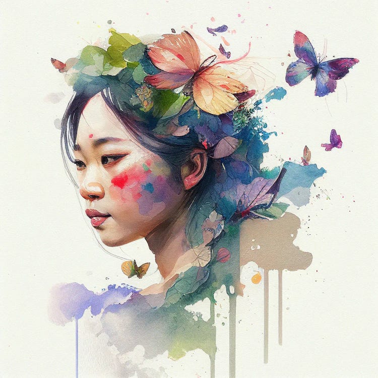 Watercolor Floral Asian Woman VII