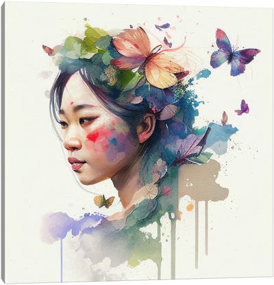 Watercolor Floral Asian Woman VII Canvas Art Print - Chromatic Fusion Studio