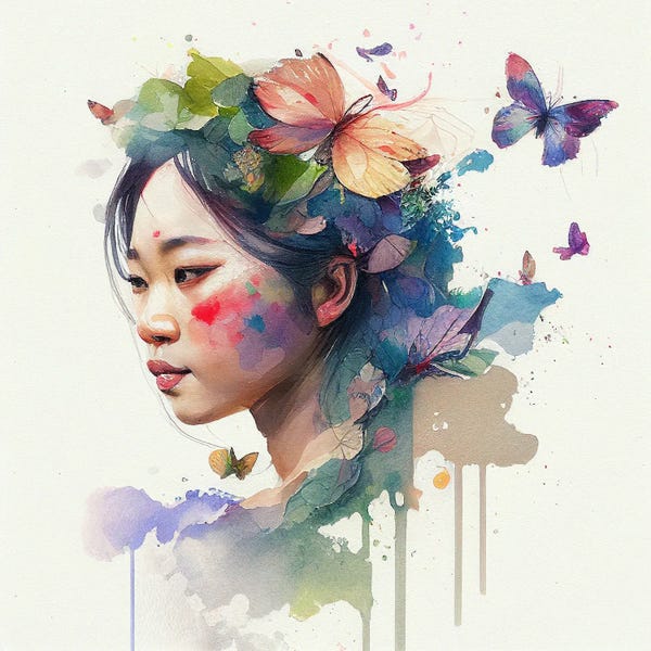 Butterflies and Flowers: Watercolor Floral Asian Woman VII by Chromatic Fusion Studio