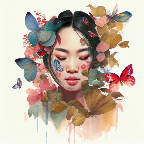 Butterflies and Flowers: Watercolor Floral Asian Woman IX by Chromatic Fusion Studio