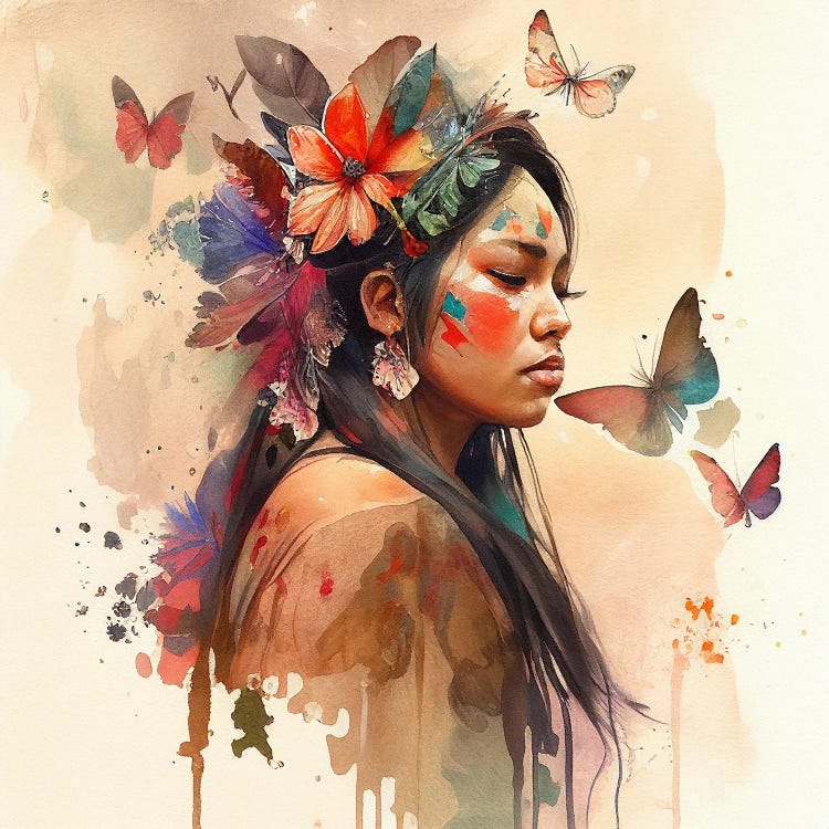 Watercolor Floral Indian Native Woman VIII