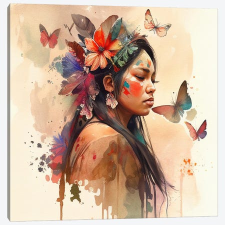 Watercolor Floral Indian Native Woman VIII Canvas Print #CFS99} by Chromatic Fusion Studio Canvas Art Print