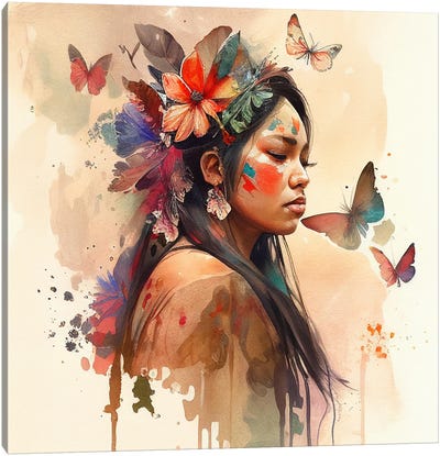 Watercolor Floral Indian Native Woman VIII Canvas Art Print - Chromatic Fusion Studio
