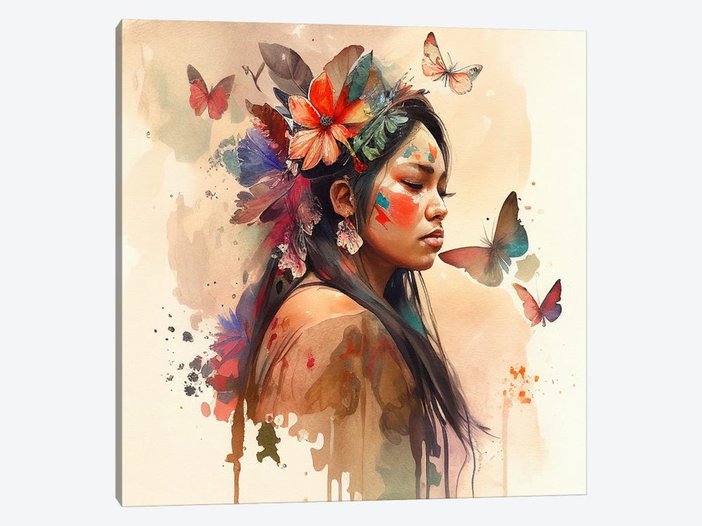 Watercolor Floral Indian Native Woman VIII by Chromatic Fusion Studio 1-piece Canvas Art
