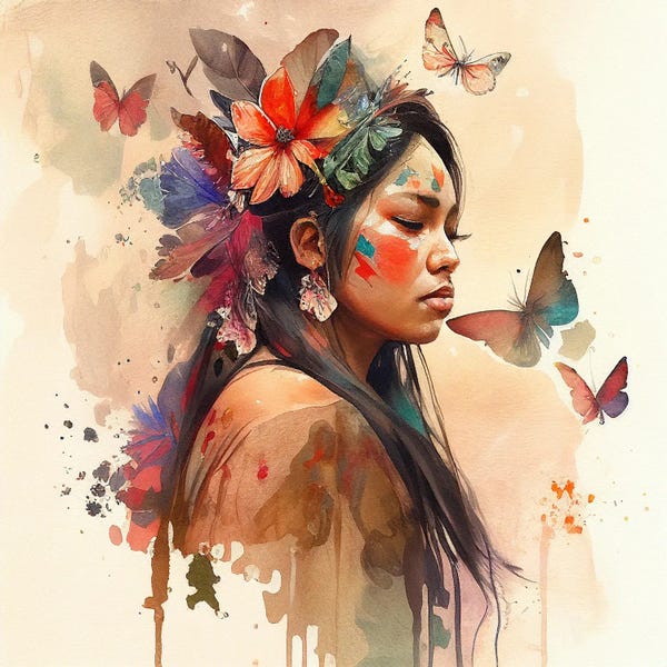Butterflies and Flowers: Watercolor Floral Indian Native Woman VIII by Chromatic Fusion Studio