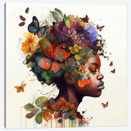 Watercolor Butterfly African Woman V Canvas Print #CFS9} by Chromatic Fusion Studio Art Print