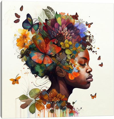 Watercolor Butterfly African Woman V Canvas Art Print - Chromatic Fusion Studio