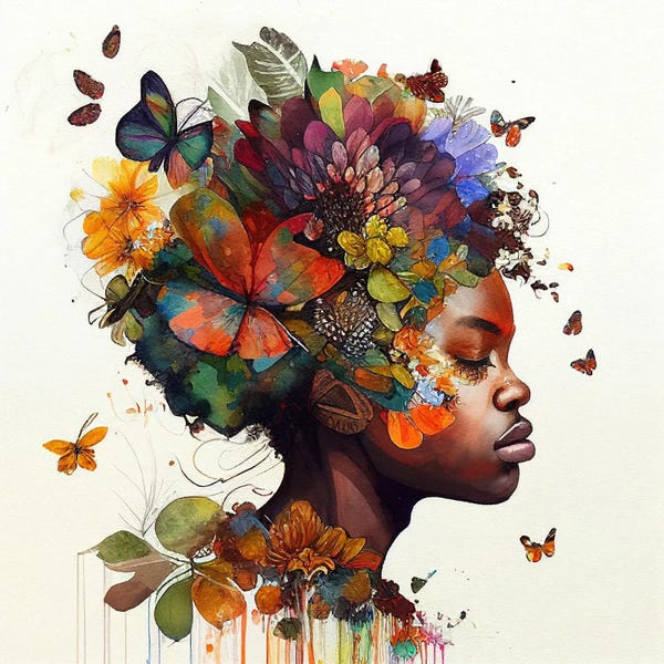 Butterflies and Flowers: Watercolor Butterfly African Woman V by Chromatic Fusion Studio