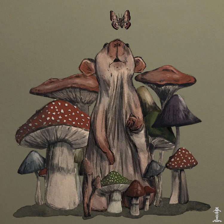 Rat In A Mushroom Forest by CrumbsAndGubs wall art