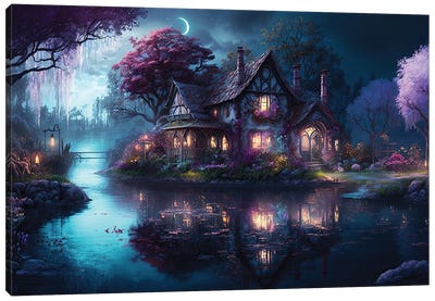 Lake Home At Night Canvas Art Print - Marsh & Swamp Art