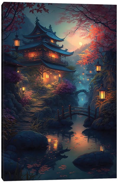 Mountain Village Canvas Art Print - Japanese Maple Tree Art
