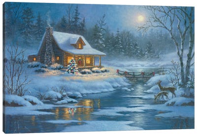 Christmas Cabin Canvas Art Print - River, Creek & Stream Art