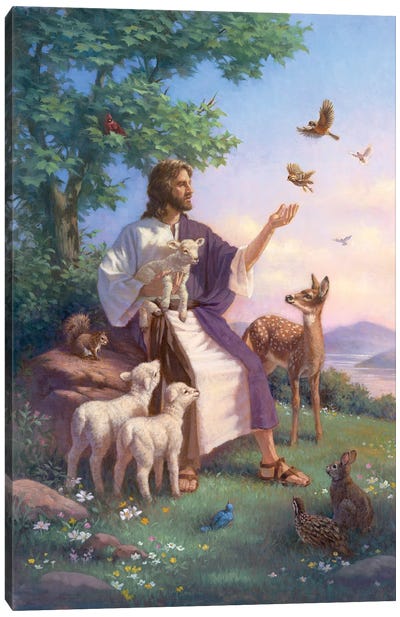 Jesus With Animals Canvas Art Print - Religious Figure Art