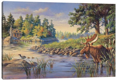 Moose Cabin Scene Canvas Art Print - Cabins