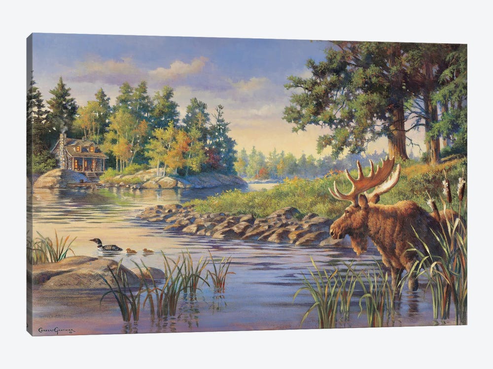 Moose Cabin Scene by Corbert Gauthier 1-piece Canvas Artwork