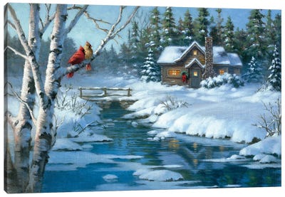 Northern Creek Cabin Canvas Art Print - Snowscape Art