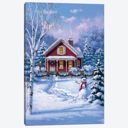 Red House With Snowman Canvas Print #CGT50} by Corbert Gauthier Art Print