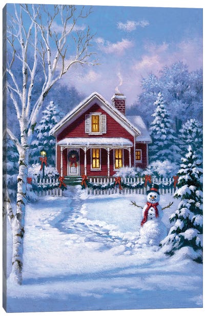 Red House With Snowman Canvas Art Print - Christmas Scenes