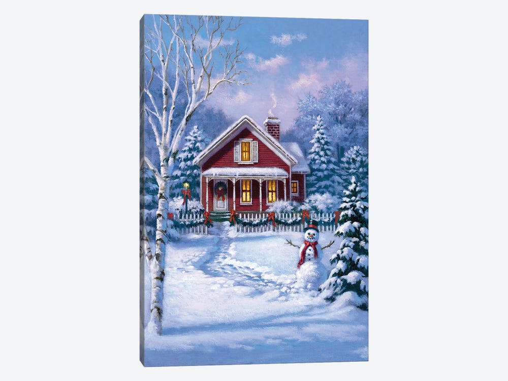 Red House With Snowman by Corbert Gauthier 1-piece Canvas Artwork