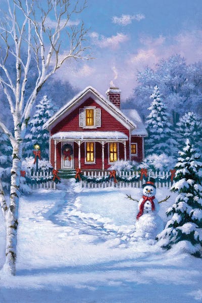 Scenes Of The Season: Red House With Snowman by Corbert Gauthier