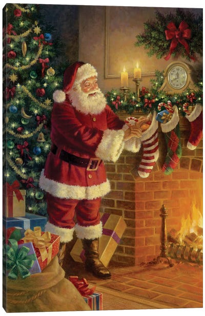 Santa By Fireplace Canvas Art Print - Large Christmas Art