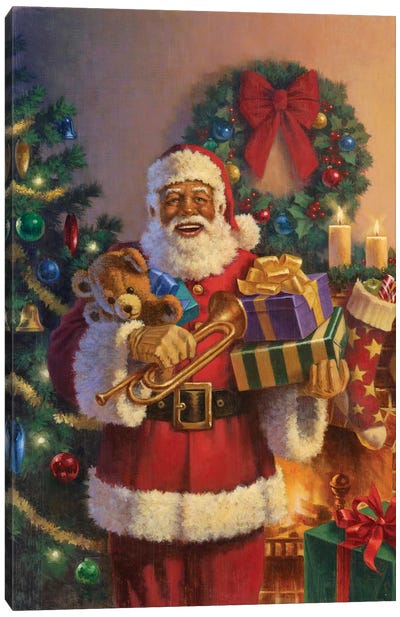 Santa Delivering Gifts Canvas Art Print - Christmas Trees & Wreath Art