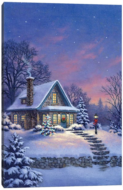 Twilight Cottage Canvas Art Print - Christmas Scenes