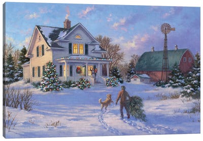 Welcome Home Canvas Art Print - Christmas Trees & Wreath Art