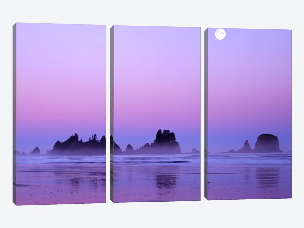 Magnificent Sunset With Full Moon, Point Of Arches, Shi Shi Beach, Olympic National Park, Washington, USA by Charles Gurche 3-piece Canvas Wall Art