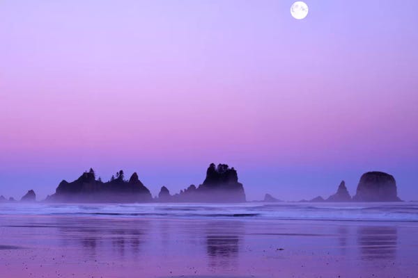 Charles Gurche: Magnificent Sunset With Full Moon, Point Of Arches, Shi Shi Beach, Olympic National Park, Washington, USA by Charles Gurche