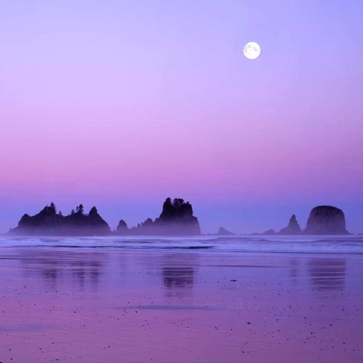 Full Moon At Sunset, Point Of Arches, Shi Shi Beach, Olympic National Park, Washington, USA