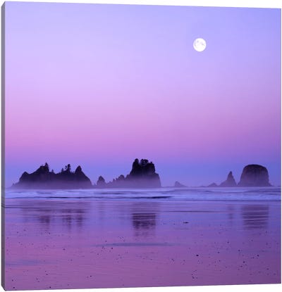 Full Moon At Sunset, Point Of Arches, Shi Shi Beach, Olympic National Park, Washington, USA Canvas Art Print