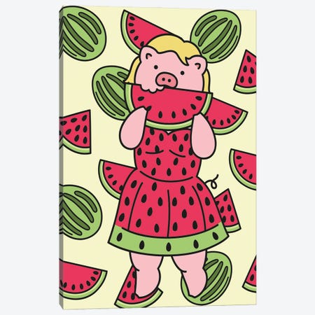 Watermelon Piggy Canvas Print #CHC71} by CHAN-CHAN Canvas Artwork