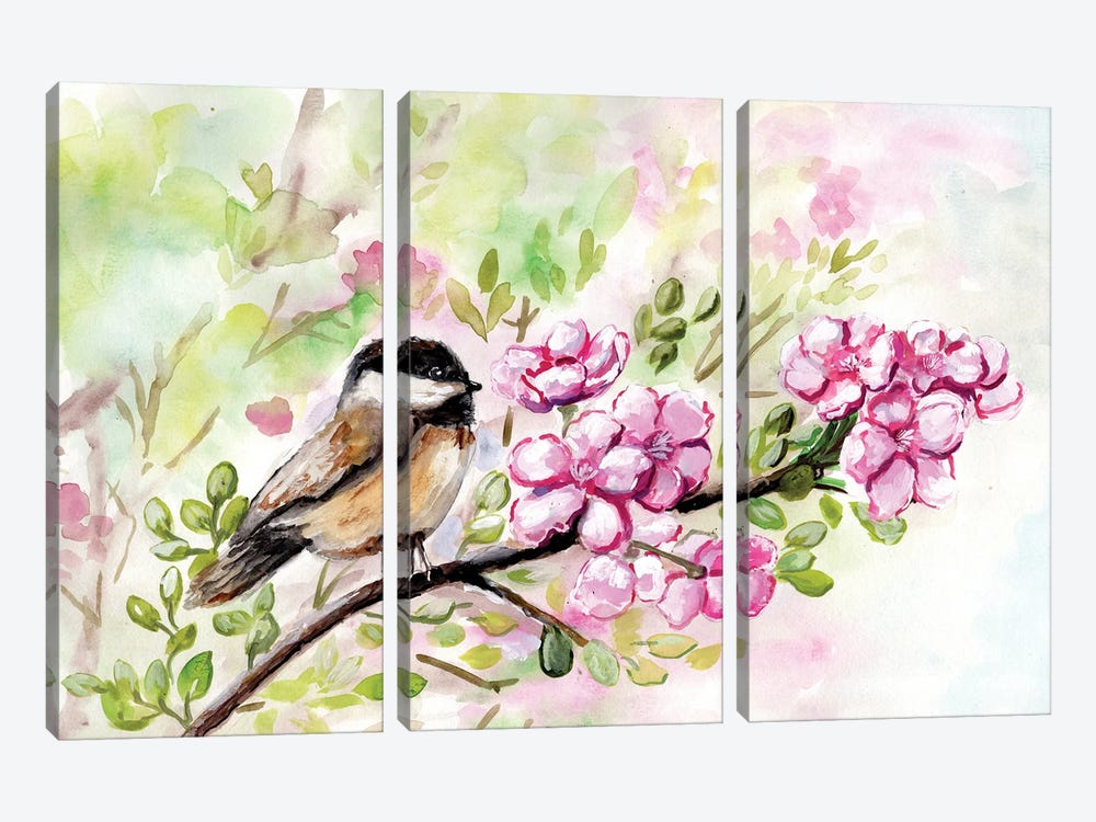 Spring Chickadee And Apple Blossoms by Marcy Chapman 3-piece Canvas Wall Art