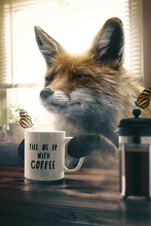 Fox With Coffee Canvas Wall Art by Adam Cousins iCanvas
